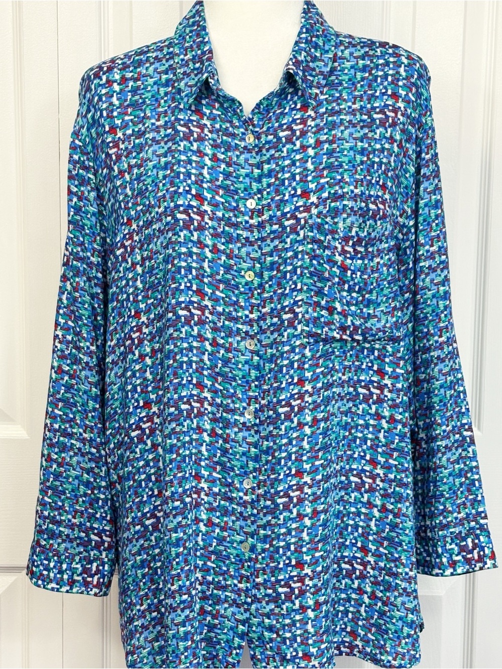 Grand & Greene Blue Multicolor Geo Print Roll Tab Sleeve Button Up Shirt XL